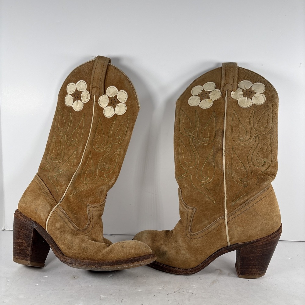 Size 5 Vintage‎ ACME Suede Tan Flower Rockabilly Daisy Cowboy Boots